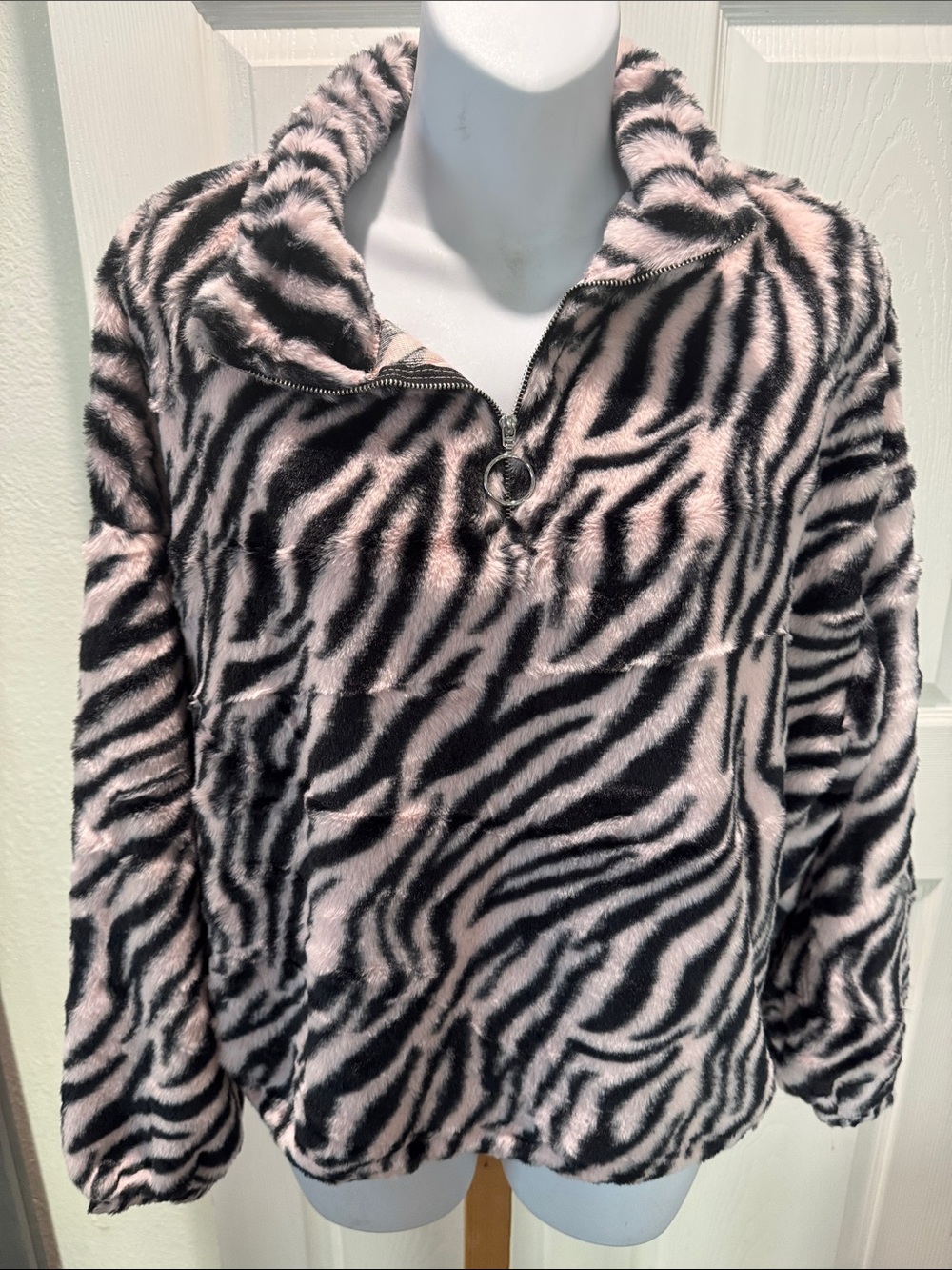 Faux Fur Zebra Print Pullover Jacket - Pink & Black